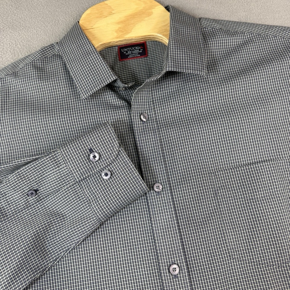 Untuckit Button‎ Up Men Shirt 2XL Blue Check Plaid Long Sleeve Dress Casual